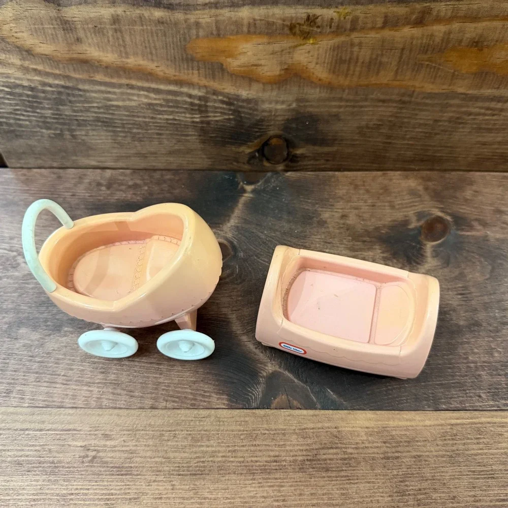 Vintage Little Tikes Pink Dollhouse Furniture Baby Carriage and Cradle Set